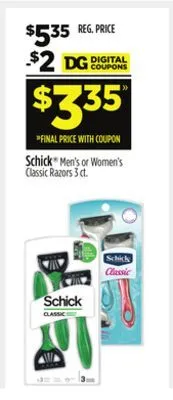Dollar General Schick men's or women's classic razors offer