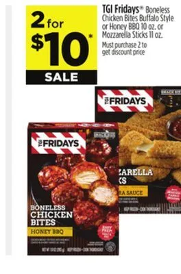 Dollar General Tgi fridays boneless chicken bites buffalo style or honey bbq 10 oz. or mozzarella sticks 11 oz offer