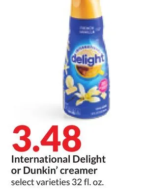 Hy-Vee International delight or dunkin' creamer offer