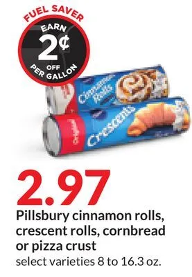 Hy-Vee Pillsbury cinnamon rolls, crescent rolls, cornbread or pizza crust offer