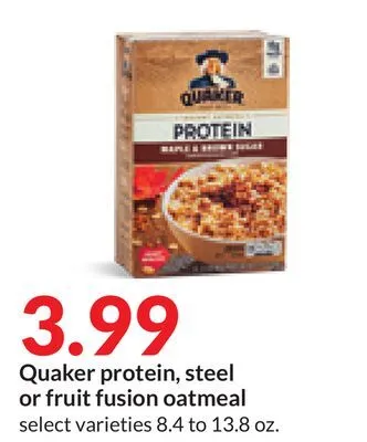 Hy-Vee Quaker protein, steel or fruit fusion oatmeal offer