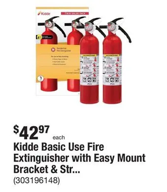 The Home Depot Kidde basic use fire extinguisher with easy mount bracket & strap, 1-a:10-b:c, dry chemical, one-time use, 2-pack offer