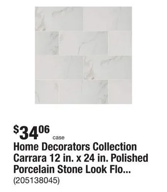 The Home Depot Home decorators collection carrara 12 in. x 24 in. polished porcelain stone look floor and wall tile (16 sq. ft./case) offer