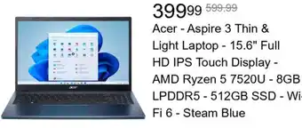 Best Buy Acer Aspire 3 Thin & Light Laptop - 15.6" Full HD IPS Touch Display - AMD Ryzen 5 7520U - 8GB LPDDR5 - 512GB SSD - Wi-Fi 6 offer