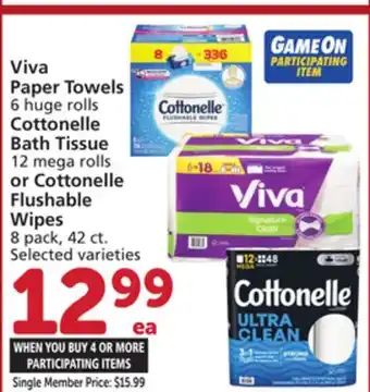 Albertsons Viva paper towels 6 huge rolls cottonelle bath tissue 12 mega rolls or cottonelle flushable wipes 8 pack, 42 ct offer