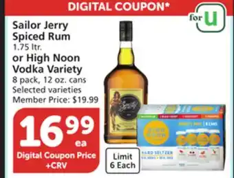Vons Sailor jerry spiced rum 1.75 ltr. or high noon vodka variety 8 pack, 12 oz. cans offer