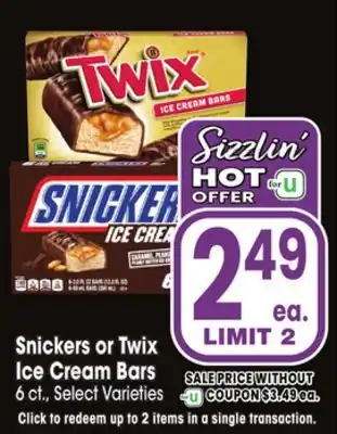 Jewel-Osco Snickers or twix ice cream bars offer