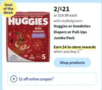 Walgreens Huggies or goodnites diapers or pull-ups jumbo pack offer