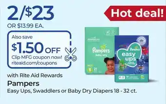 Rite Aid Pampers easy ups, swaddlers or baby dry diapers offer