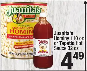 Super King Markets Juanita's hominy 110 oz or tapatio hot sauce 32 oz offer