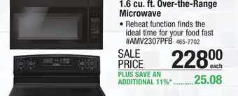 Menards Amana 1.6 cu.ft. black over-the-range microwave offer
