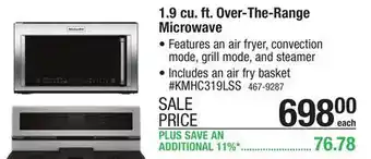 Menards Kitchenaid 1.9 cu. ft. stainless steel over-the-range microwave with convection and air fry offer