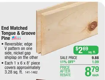 Menards 1 x 6 x 8' unfinished tongue & groove end matched carsiding offer