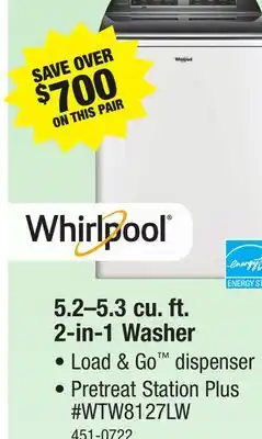 Menards Whirlpool 5.2 - 5.3 cu.ft. white top load washer offer