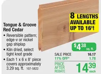 Menards 1 x 6 - 8' red cedar tongue & groove nickel gap siding offer