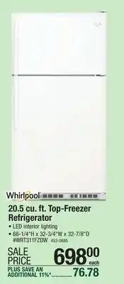 Menards Whirlpool 20.5 cu.ft. white top-freezer refrigerator offer