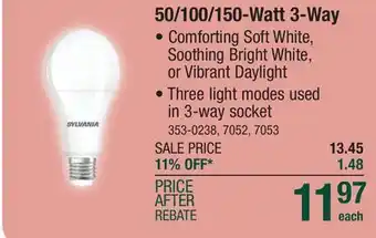Menards Sylvania truwave natural series 50/100/150-watt equivalent a21 bright white 3-way led light bulb offer