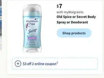 Walgreens Old spice or secret body spray or deodorant offer