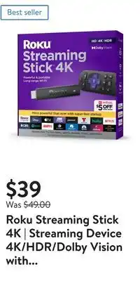Walmart Roku streaming stick 4k | streaming device 4k/hdr/dolby vision with voice remote with tv controls and long-range wi-fi offer