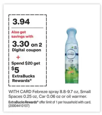 CVS Febreze spray 8.8-9.7 oz, small spaces 0.25 oz, car 0.06 oz or oil warmer offer