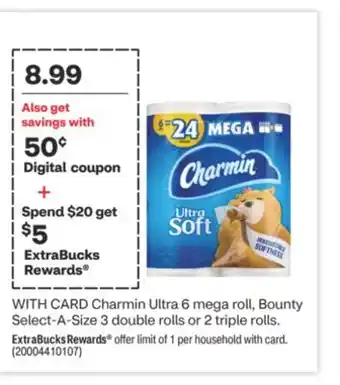 CVS Charmin ultra 6 mega roll, bounty select-a-size 3 double rolls or 2 triple rolls offer
