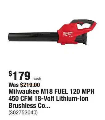 The Home Depot Milwaukee m18 fuel 120 mph 450 cfm 18-volt lithium-ion brushless cordless handheld blower (tool-only) offer