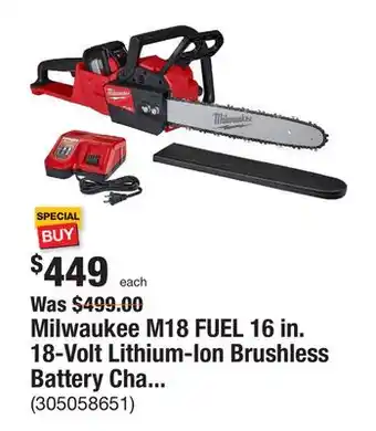 The Home Depot Milwaukee m18 fuel 16 in. 18-volt lithium-ion brushless battery chainsaw kit with 12.0 ah battery and m18 rapid charger offer