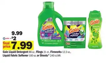 Meijer Gain liquid detergent 88 oz., flings 31 ct., fireworks 12.2 oz., liquid fabric softener 100 oz. or sheets* 240 ct offer