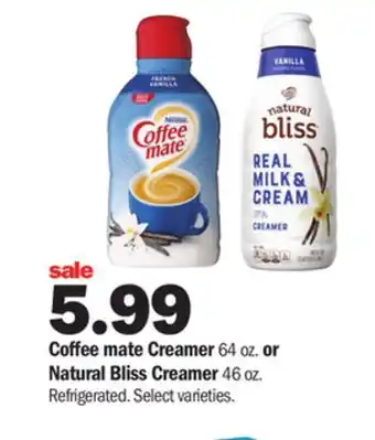 Meijer Coffee mate creamer 64 oz. or natural bliss creamer 46 oz offer