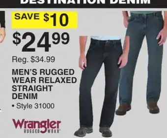 Dunham's Sports Wrangler men's rugged wear relaxed straight denim offer