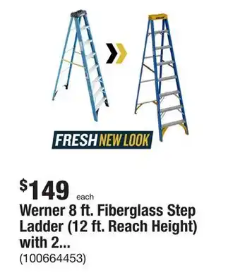 The Home Depot Werner 8 ft. fiberglass step ladder (12 ft. reach height) with 250 lb. load capacity type i duty rating offer