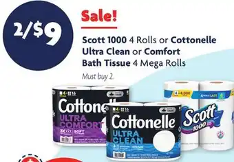 Family Dollar Scott 1000 4 rolls or cottonelle ultra clean or comfort bath tissue 4 mega rolls offer