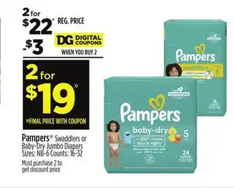 Dollar General Pampers swaddlers or baby-dry jumbo diapers offer