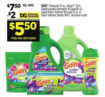 Dollar General Gain fireworks, flings! , liquid laundry detergent, liquid fabric softener or fabric softener sheets offer