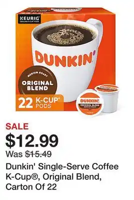 Office Depot Dunkin' single-serve coffee k-cup , original blend, carton of 22 offer