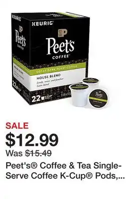 Office Depot Peet's coffee & tea single-serve coffee k-cup pods, decaffeinated, house blend, carton of 22 offer