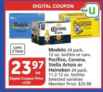 Albertsons Modelo 24 pack, 12 oz. bottles or cans pacifico, corona, stella artois or heineken 24 pack, 11.2-12 oz. bottles offer