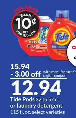 Hy-Vee Tide pods 32 to 57 ct. or laundry detergent 115 fl. oz offer