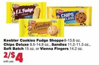 Family Fare Keebler Cookies Fudge Shoppe, Chips Deluxxe, Sandies, Soft Batch Or Vienna Fingers offer