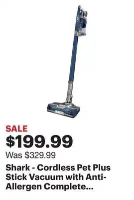 Best Buy Shark - cordless pet plus stick vacuum with anti-allergen complete seal & powerfins, self-cleaning brushroll - blue offer