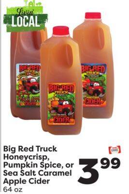 Weis Markets Big red truck honeycrisp, pumpkin spice, or sea salt caramel apple cider offer