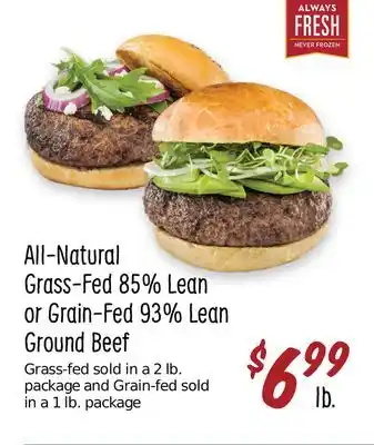 Sprouts Farmers Market All-natural grass-fed 85% lean or grain-fed 93% lean ground beef offer
