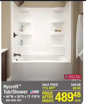 Menards Delta hycroft procrylic 60w x 30d x 77-7/8h white bathtub shower kit with left drain (4-piece) offer