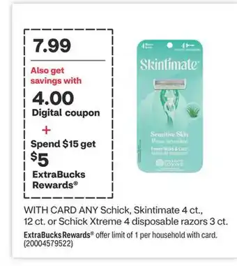 CVS Any schick, skintimate 4 ct., 12 ct. or schick xtreme 4 disposable razors 3 ct offer