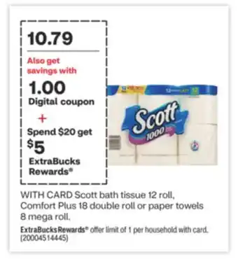 CVS Scott bath tissue 12 roll, comfort plus 18 double roll or paper towels 8 mega roll offer