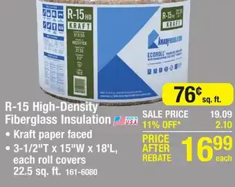 Menards R-15 ecoroll kraft faced fiberglass insulation roll 3-1/2 x 15 x 18' offer