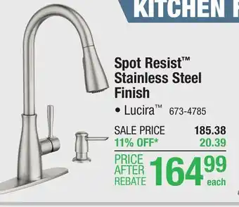 Menards Moen lucira one-handle pull-down high arc spot resist stainless kitchen faucet offer