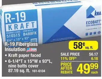 Menards R-19 ecobatt kraft faced fiberglass insulation batt 6-1/4 x 15 x 93 offer