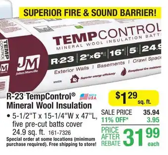 Menards R-23 johns manville tempcontrol mineral wool insulation batt 5-1/2 x 15-1/4 x 47 offer