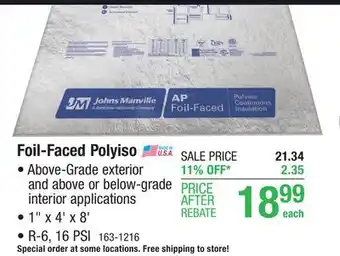 Menards R-6 (16 psi) johns manville 1 x 4' x 8' foil-faced polyiso foam board insulation offer